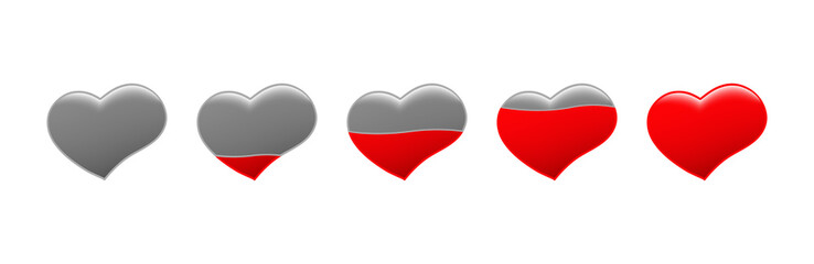 Set of vector hearts. Filling the heart with love. Winning red hearts for games. Badges, icons for winning poker, roulette, blackjack, lottery. 1, 1/2, 1/3, 1/5.