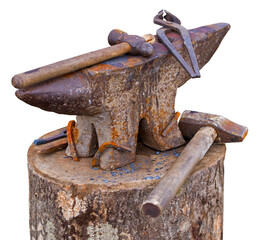 small old antique anvil for striking on white