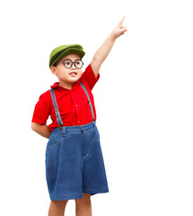A cheerful child wears a red shirt, a green Bailey's hat, and eyeglasses. Point a finger above. 