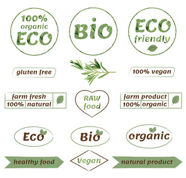 Organic icons and logos, labels. Bio, Ecology. Healthy food icons, raw materials set, vegan, healthy food signs, organic elements, set.