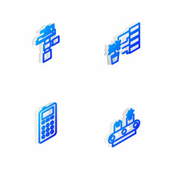 Set Isometric line Flower analysis, Automatic irrigation sprinklers, Remote control and Conveyor belt with box icon. Vector