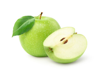 Fresh green apple with green leaf and sliced  isolated on white background.