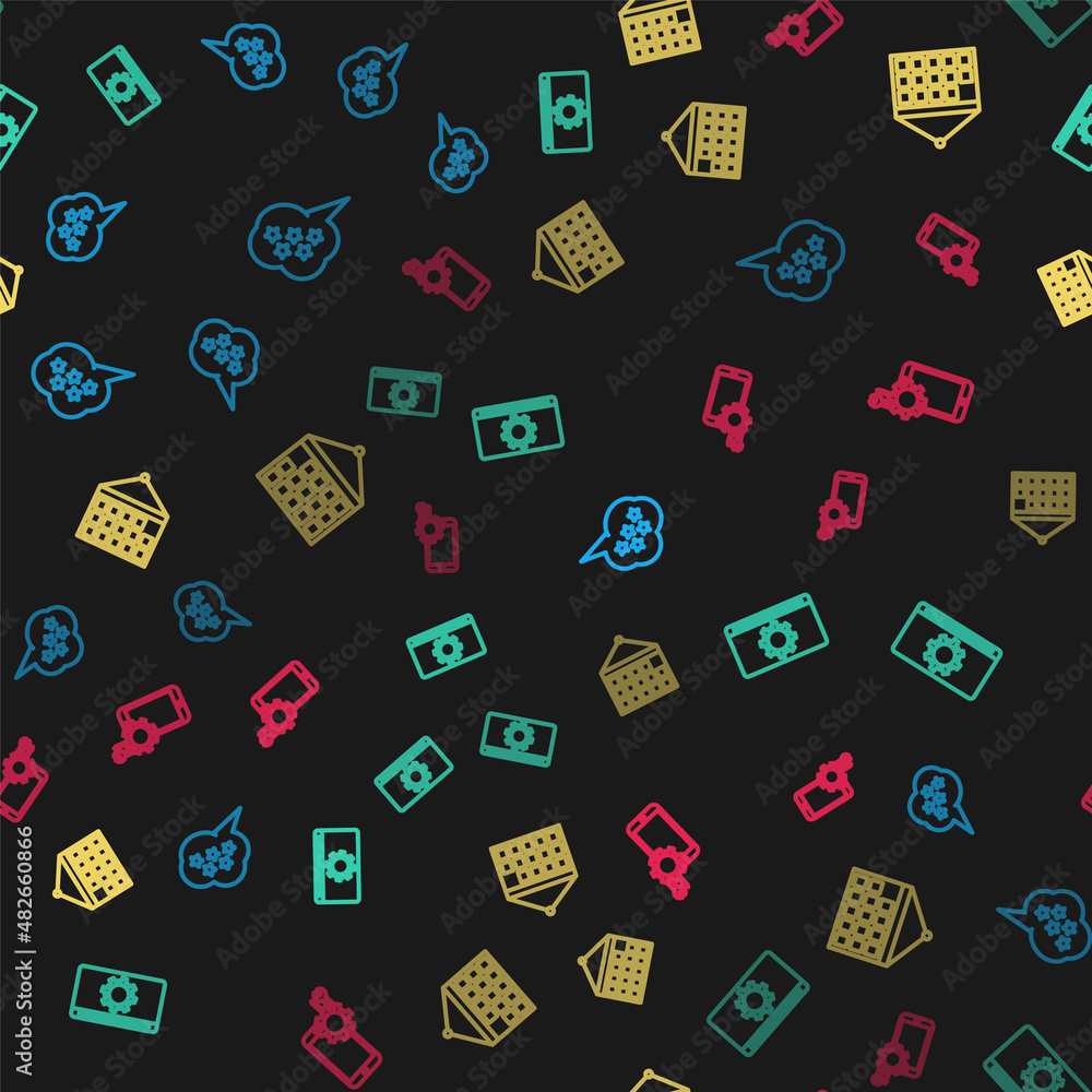 Poster set line five stars rating review, setting, calendar and mobile service on seamless pattern. vector