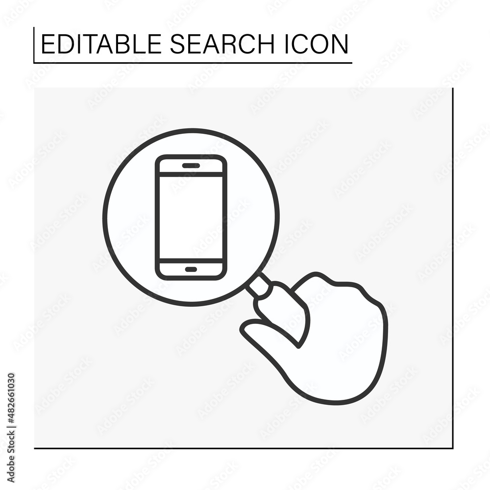 Poster seo line icon. searching for smartphone. looking through a magnifier. search concept. isolated vecto