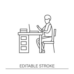  Office line icon. Man at office. Comfortable workplace with desk and computer. Freelance. Modern profession. Career concept. Isolated vector illustration. Editable stroke