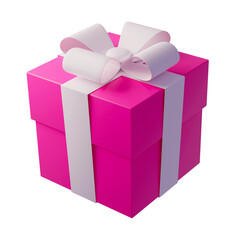 Pink gift box with white ribbon bow isolated object on white background 3d render illustration. Birthday, Christmas holiday present. Promo clipart. Greetings card design element. Gift shop logo icon