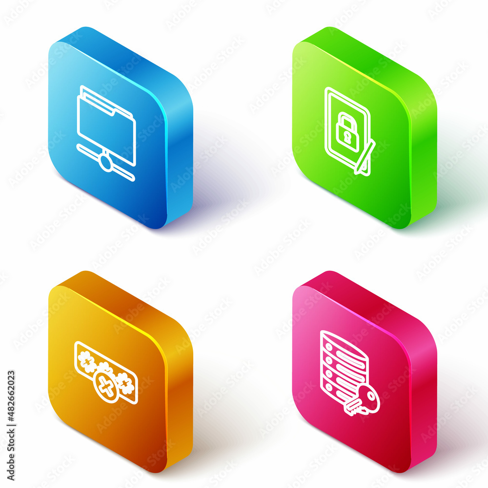 Poster set isometric line ftp folder, tablet with closed padlock, password protection and server security k