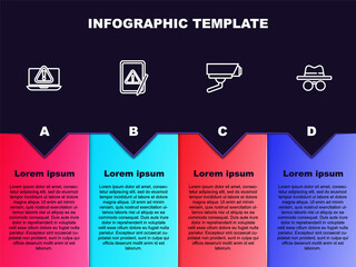 Set line Laptop with exclamation mark, Tablet, Security camera and Incognito mode. Business infographic template. Vector