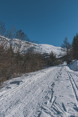 Fototapeta na wymiar A picturesque landscape view of the snowcapped French Alps mountains with a hiking path in the snow on a cold winter day (Devoluy)