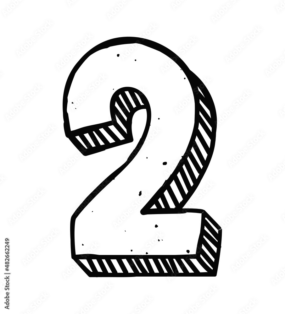 Poster hand drawn number concept. simple sticker with number 2, two in linear style with strokes. doodle de