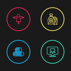 Set line Roll of hay, Udder, Pack full seeds plant and Scarecrow icon. Vector