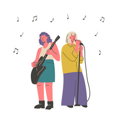 Musicians playing the guitar and singing on stage. Musical performance or show. Music band live concert. Vector