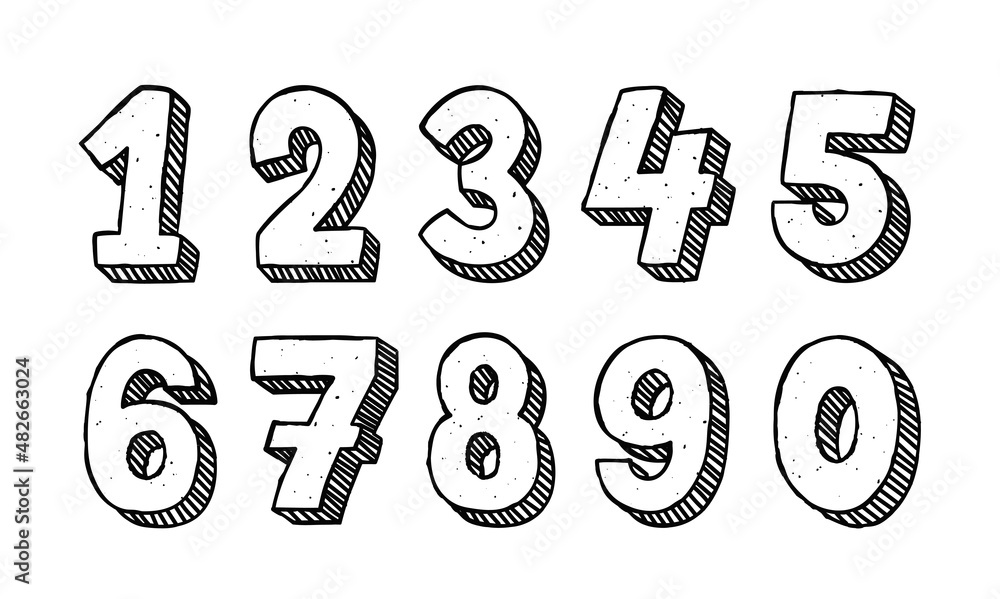 Poster set of hand drawn numbers. doodle alphabet with objects from 0 to 9. simple design element for socia