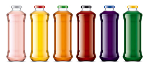 Set of Glass Bottles with transparent Juices. 