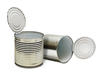 two open an empty tin can isolated on white background