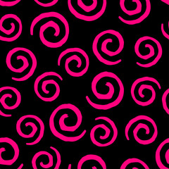 Seamless pattern with bright pink curls on black background. Vector design for textile, backgrounds, clothes, wrapping paper, fabric and wallpaper. Fashion illustration seamless pattern.