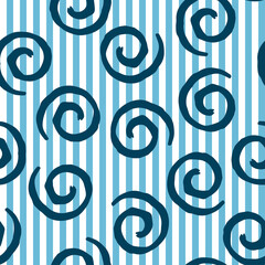 Seamless pattern with blue curls on blue and white stripped background. Vector design for textile, backgrounds, clothes, wrapping paper, fabric and wallpaper. Fashion illustration seamless pattern.