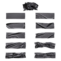 Black wrinkled adhesive tape of different sizes isolated on white background. Vector illustration.