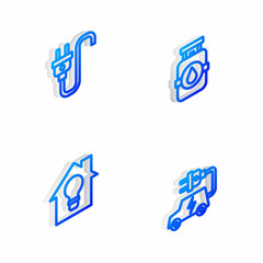 Set Isometric line Propane gas tank, Electric plug, Smart house and light bulb and car icon. Vector