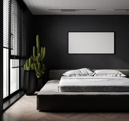 Mockup frame in bedroom interior background, dark loft style, 3d render