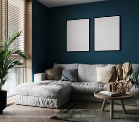 Two poster mockup with vertical frames on empty blue wall in stylish living room interior. 3d render