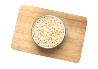 Bowl with tasty pasta on white background, top view