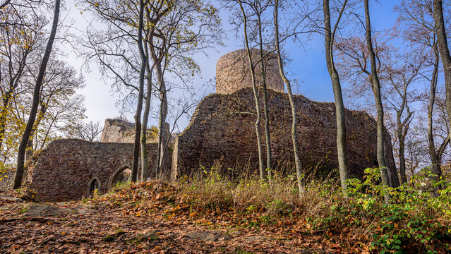 Ruined castle Valdek in autumn in CHKO Brdy, Czechia.