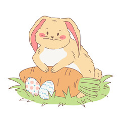 Cute lop-eared bunny with a carrot and Easter eggs. Pink cheeks and yellow beige soft fur. Vector illustration of a chubby hand drawn easter rabbit. Cartoon style design.
