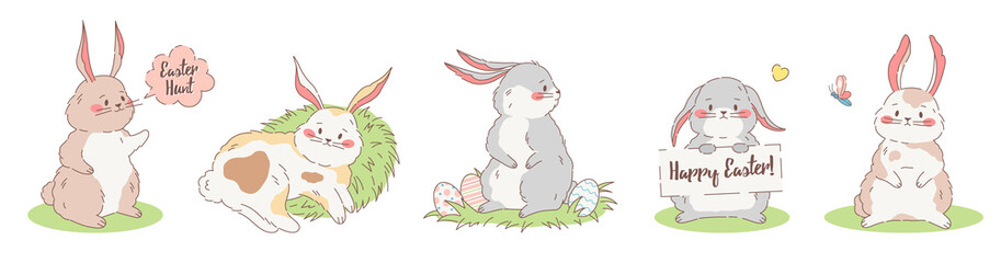 Set of cute fluffy hand drawn bunnies. Vector illustration collection of rabbits and hares with easter eggs. Bunnies bundle in different poses with text bubbles and frames.