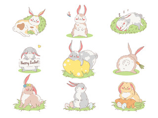 Cute Vector bunnies set. Easter cartoon high quality illustrations.