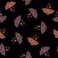Clouds with lightning of seamless pattern. Cute hand drawn background.