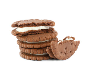 Tasty chocolate sandwich cookies with cream on white background