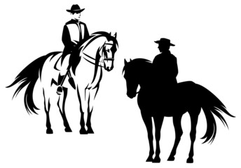 cowboy rider riding standing horse - wild west ranger black and white vector silhouette and outline design
