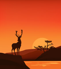 Fototapeta na wymiar deer stag standing on cliff at sunset with pine tree and lake shore in background - wilderness vector silhouette scene