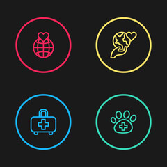 Set line First aid kit, Veterinary clinic, Hand holding Earth globe and icon. Vector