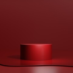 Modern dark red podium for product showcase. Cylinder shapes pedestal. Red background display. Empty stage. 3d render illustration