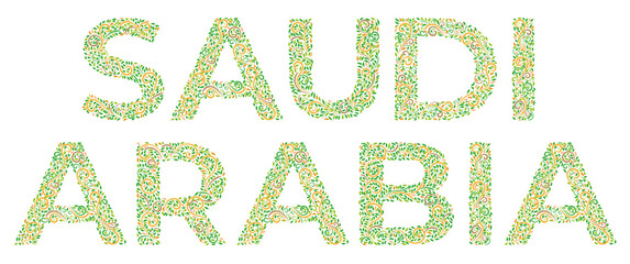 Words Saudi Arabia – name of country, in arabic ornaments in oriental style on a white. Lettering with ethnic ornament