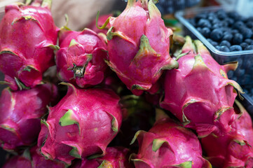 Assortment of exotic dragon fruit at market