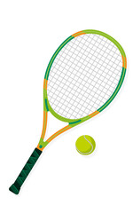 Colored tennis racket with a yellow tennis ball on a white background.Sports equipment.