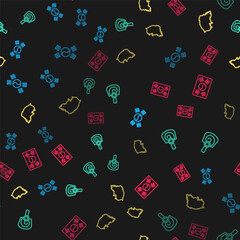 Set line South Korea flag, Korean hand fan, map and on seamless pattern. Vector