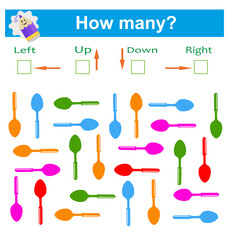 Visual logic game. Left or Right. Up or down. Logic game for kids. Count how many turned left and how many are turned right, also up and down
