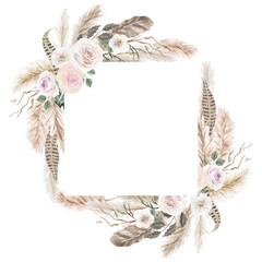 Pampas Grass Square Frame, Beige Flowers Composition isolated on white, Watercolor Hand Painted Exotic Illustration, Tropical Floral Arrangement, Botanical Boho Background with Feather and Roses