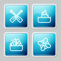 Set line Paddle, Iceberg, Sinking cruise ship and Boat propeller icon. Vector