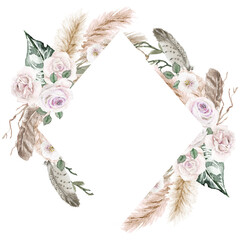 Pampas Grass Rhombic Frame, Watercolor Hand Painted Exotic Illustration, Beige Flowers Composition isolated on white, Tropical Floral Arrangement, Botanical Boho Background with Feather and Roses