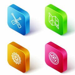 Set Isometric line Paddle, Pirate treasure map, Ship steering wheel and Radar with targets icon. Vector