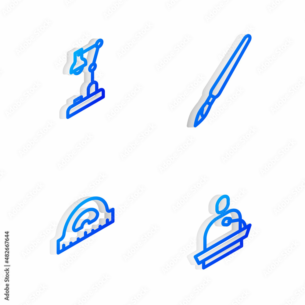 Poster set isometric line paint brush, table lamp, protractor grid and gives lecture icon. vector
