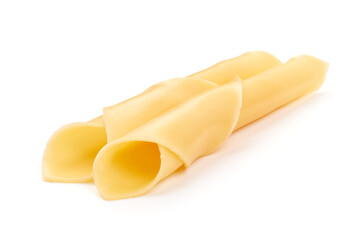 Dutch gouda cheese slices, isolated on white background.