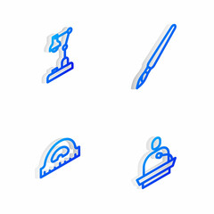 Set Isometric line Paint brush, Table lamp, Protractor grid and Gives lecture icon. Vector