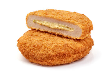 Fototapeta na wymiar Fried chicken Cordon bleu with cheese in breadcrumbs, isolated on white background.