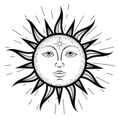 Sun face symbol with wavy rays, vintage style sunshine, vector